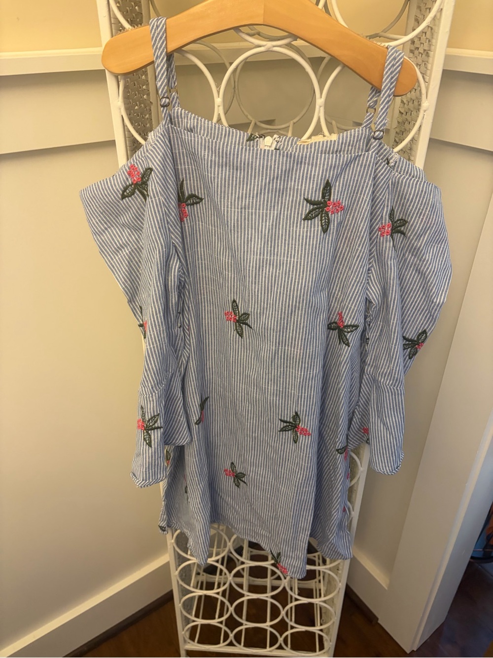 Hayden Blue & White Striped Cold-Shoulder Top with Pink Floral Embroidery